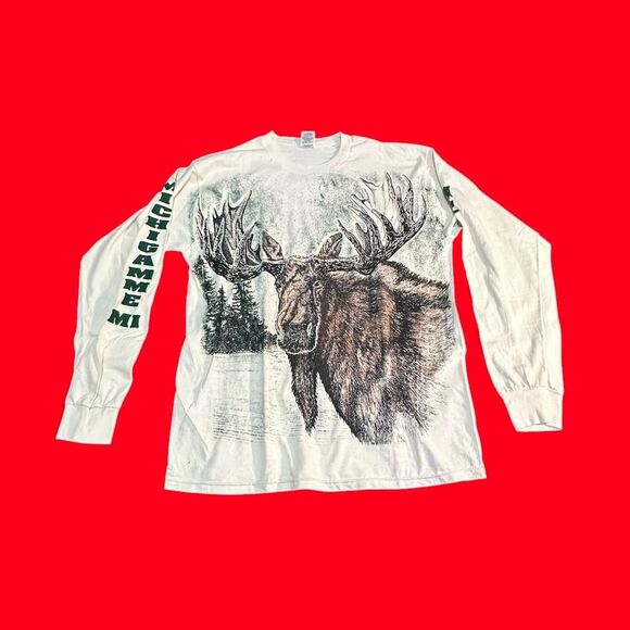 Vintage 1990s Fruit of the Loom All Over Print Moose Long Sleeve White Size XL - Picture 1 of 3